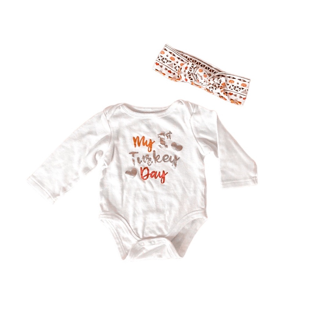 5/$15 My First Turkey Thanksgiving Long Sleeve Onsie Bodysuit & Headband 6-9M